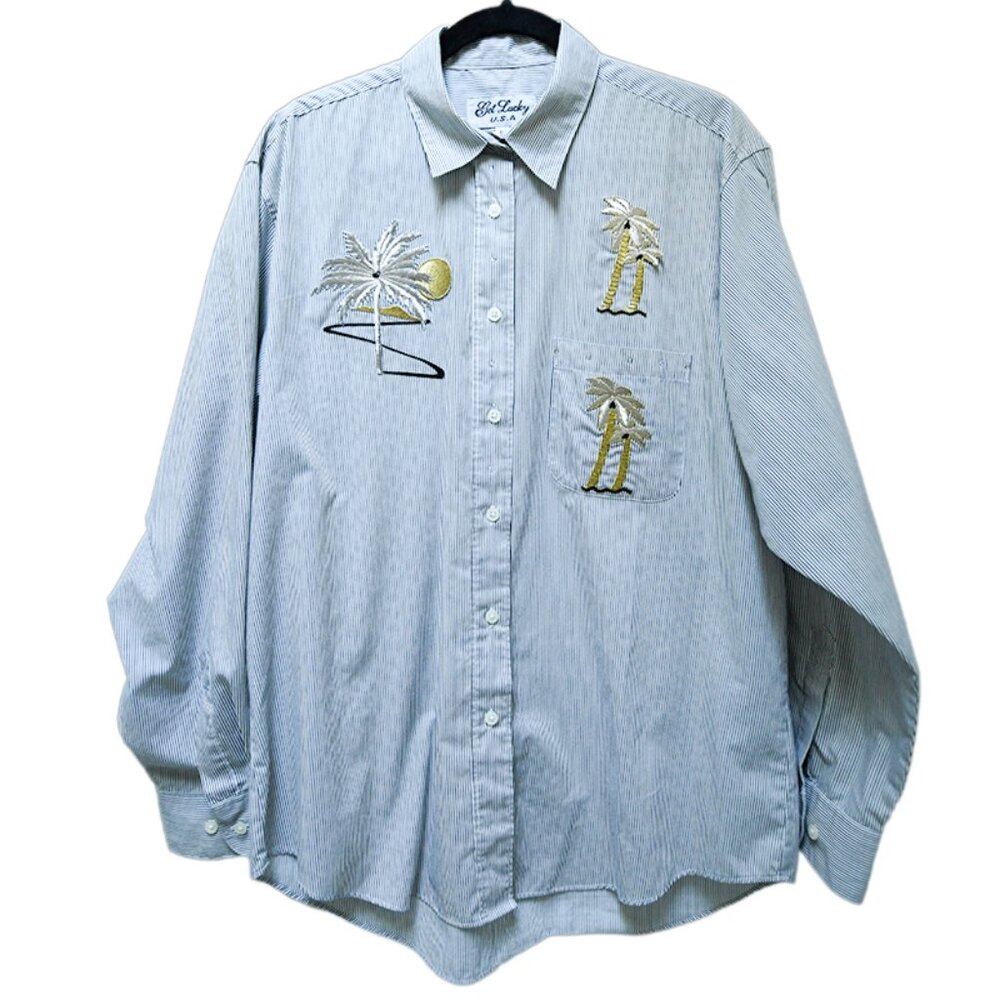 Women’s Vintage 80s/90s Palm Tree Embroidered Striped Shirt L – Made in USA